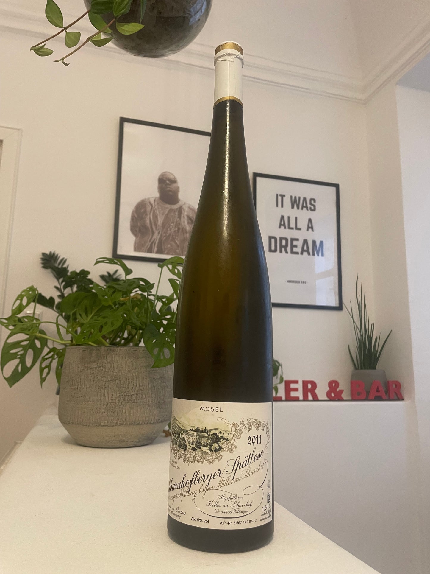 Magnum Flasche Egon Müller Scharzhofberger im Hintergrund Planzen Notorious BIG und "It was all a dream" Bild