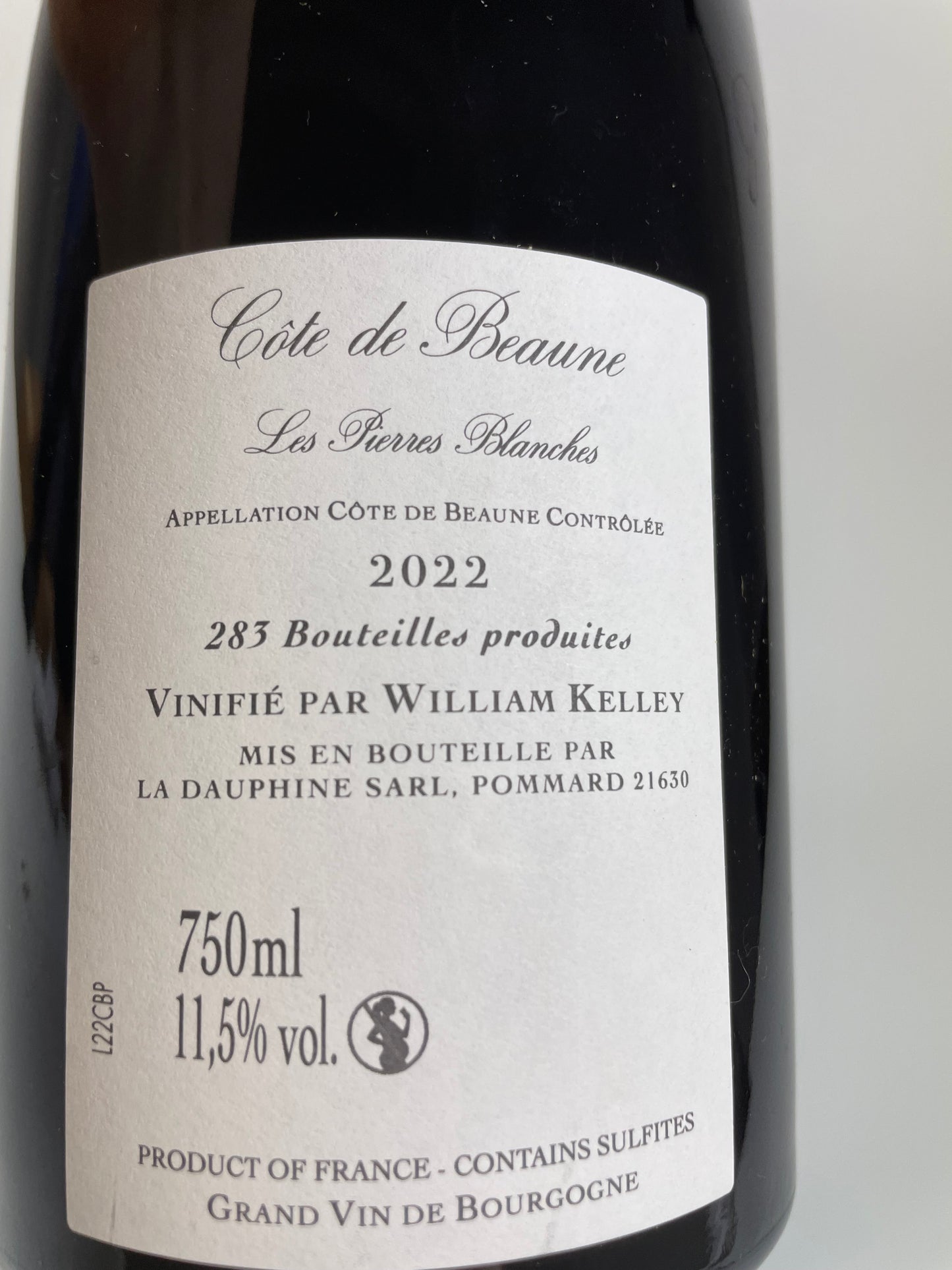 Rücketikett Weinflasche William Kelley Cote de Beaune Les Pierres Blanches 2022