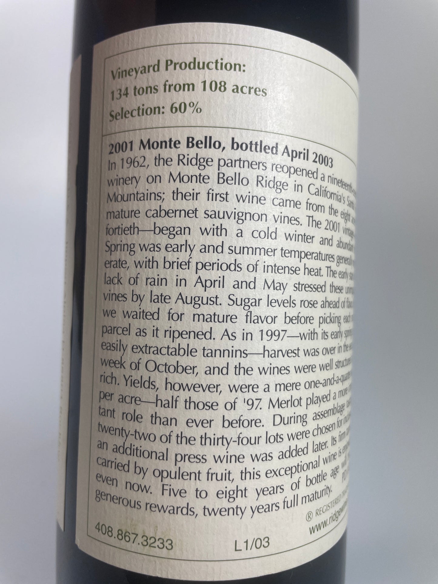 Rücketikett Ridge Monte Bello 2001