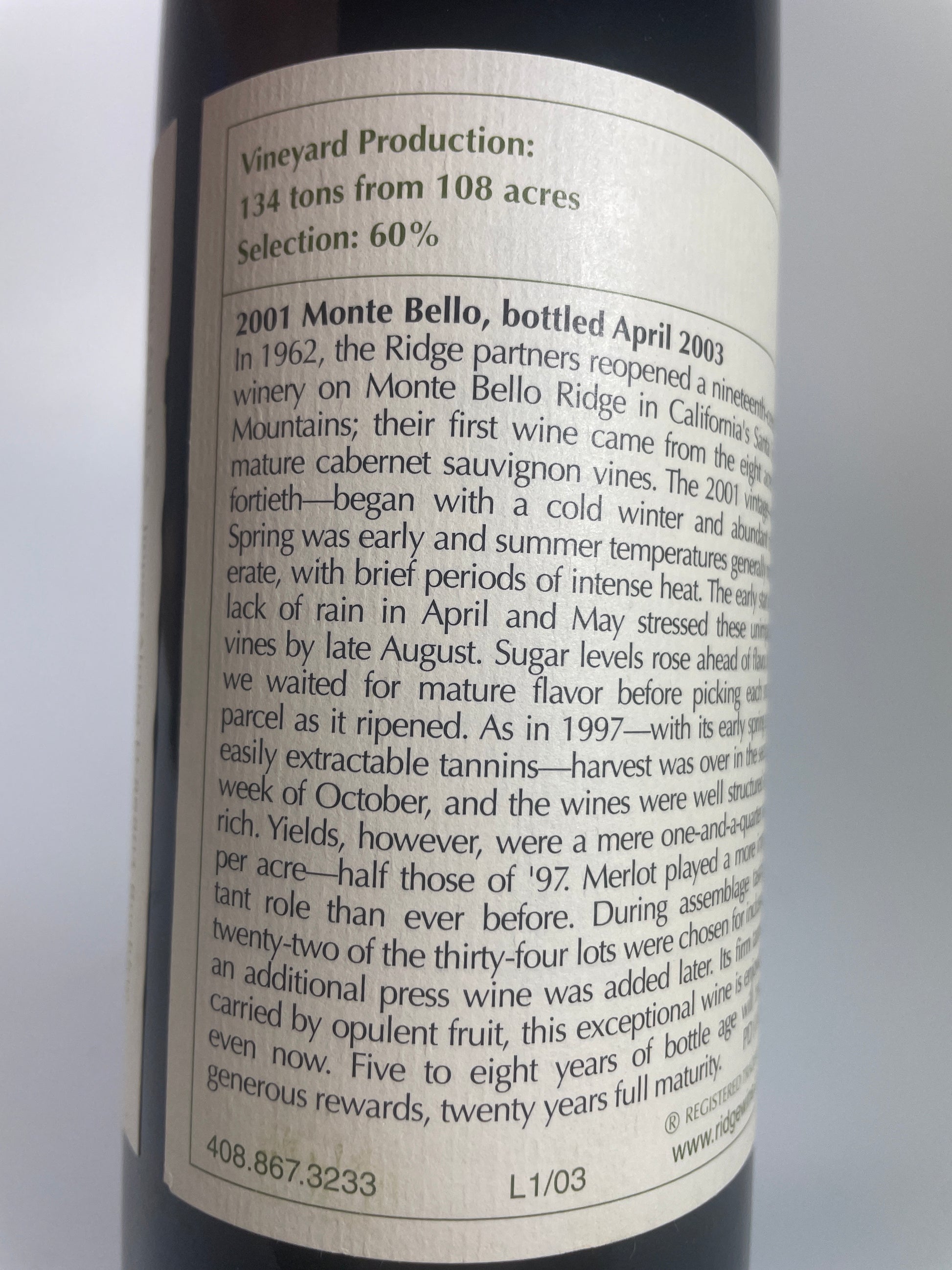 Rücketikett Ridge Monte Bello 2001