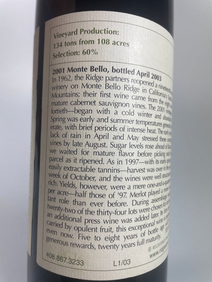 Rücketikett Ridge Monte Bello 2001