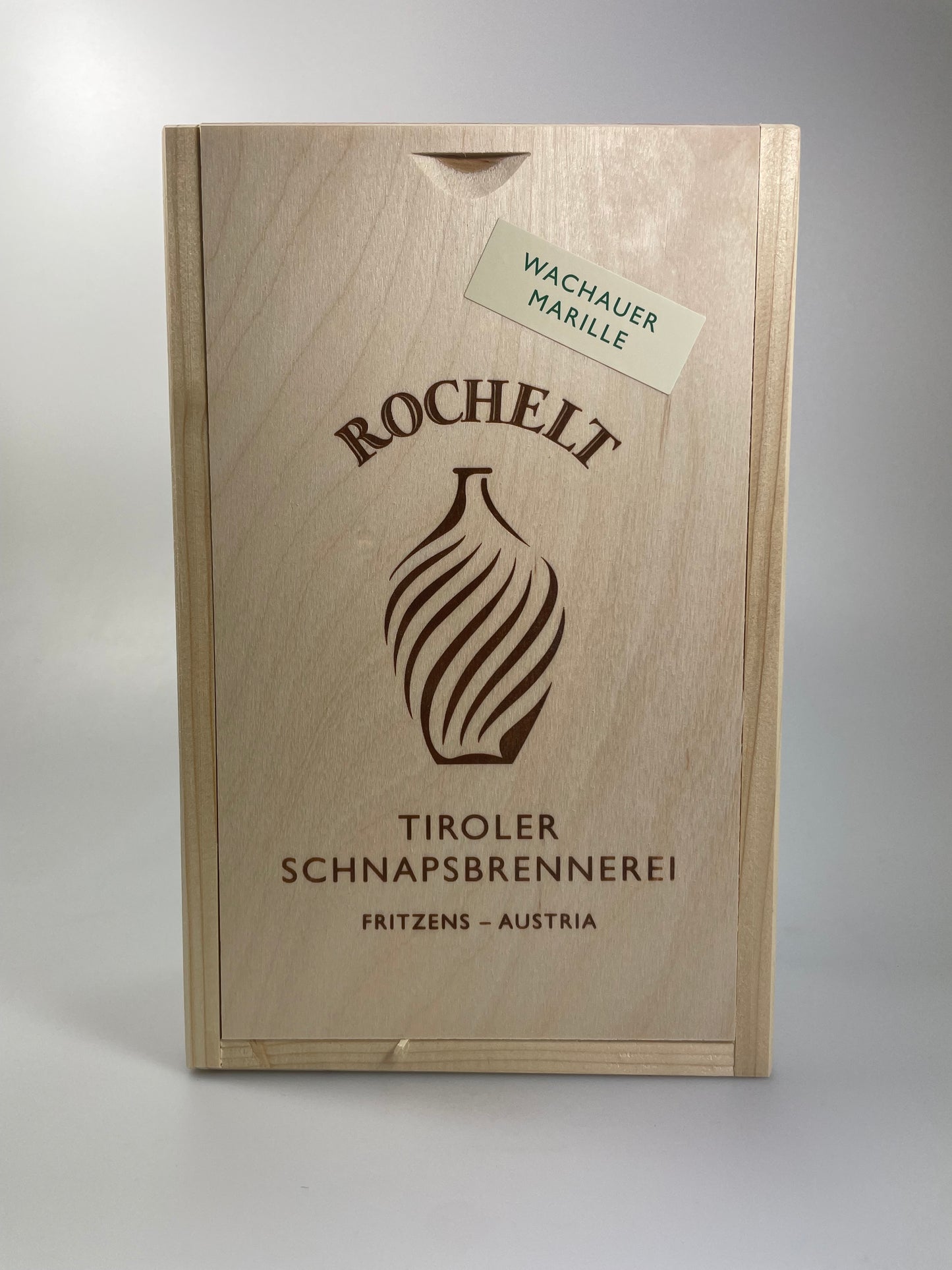 Originalholzschachtel Rochelt Marille mit Aufschrift Tiroler Schnapsbrennerei