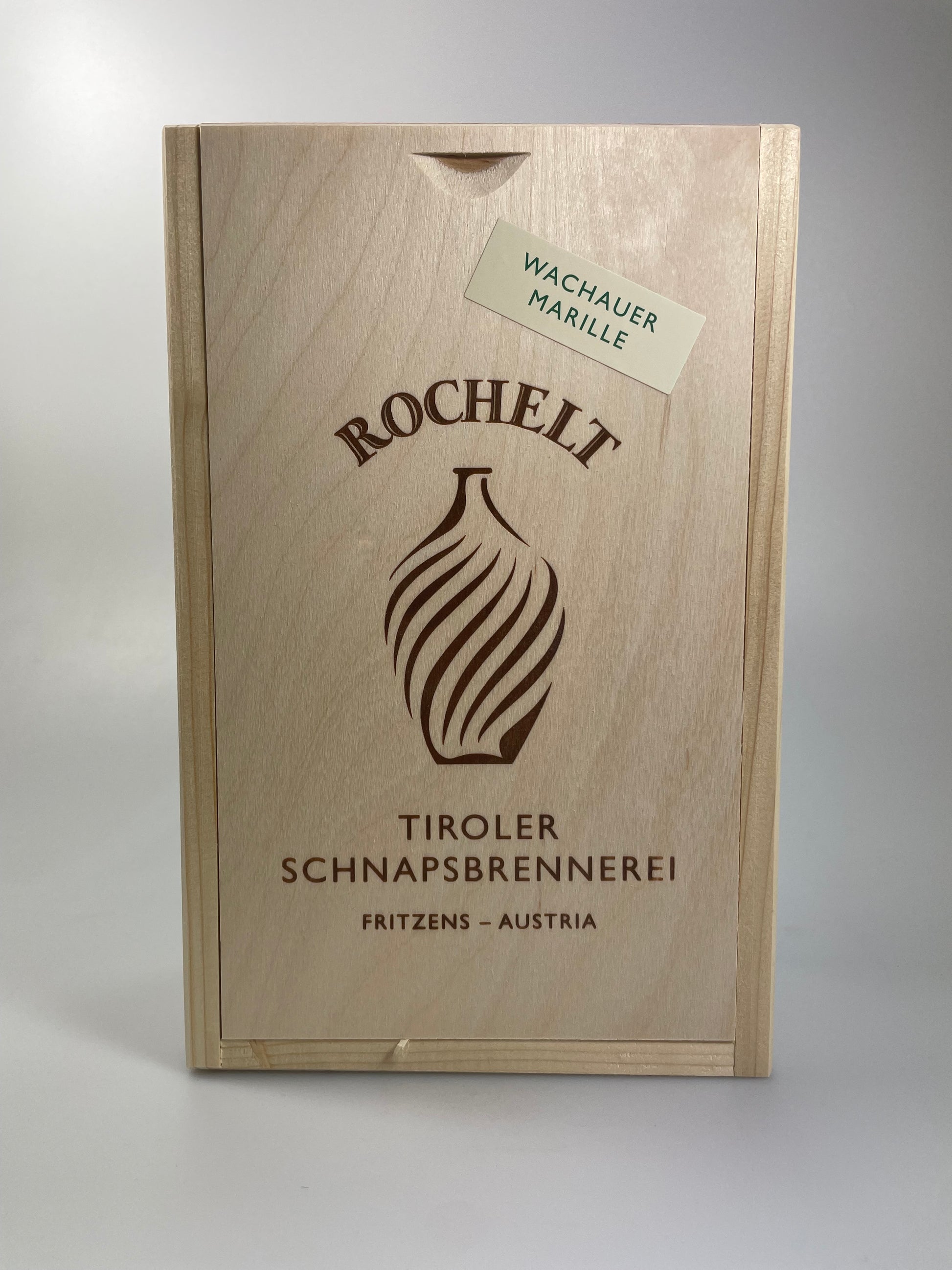 Originalholzschachtel Rochelt Marille mit Aufschrift Tiroler Schnapsbrennerei