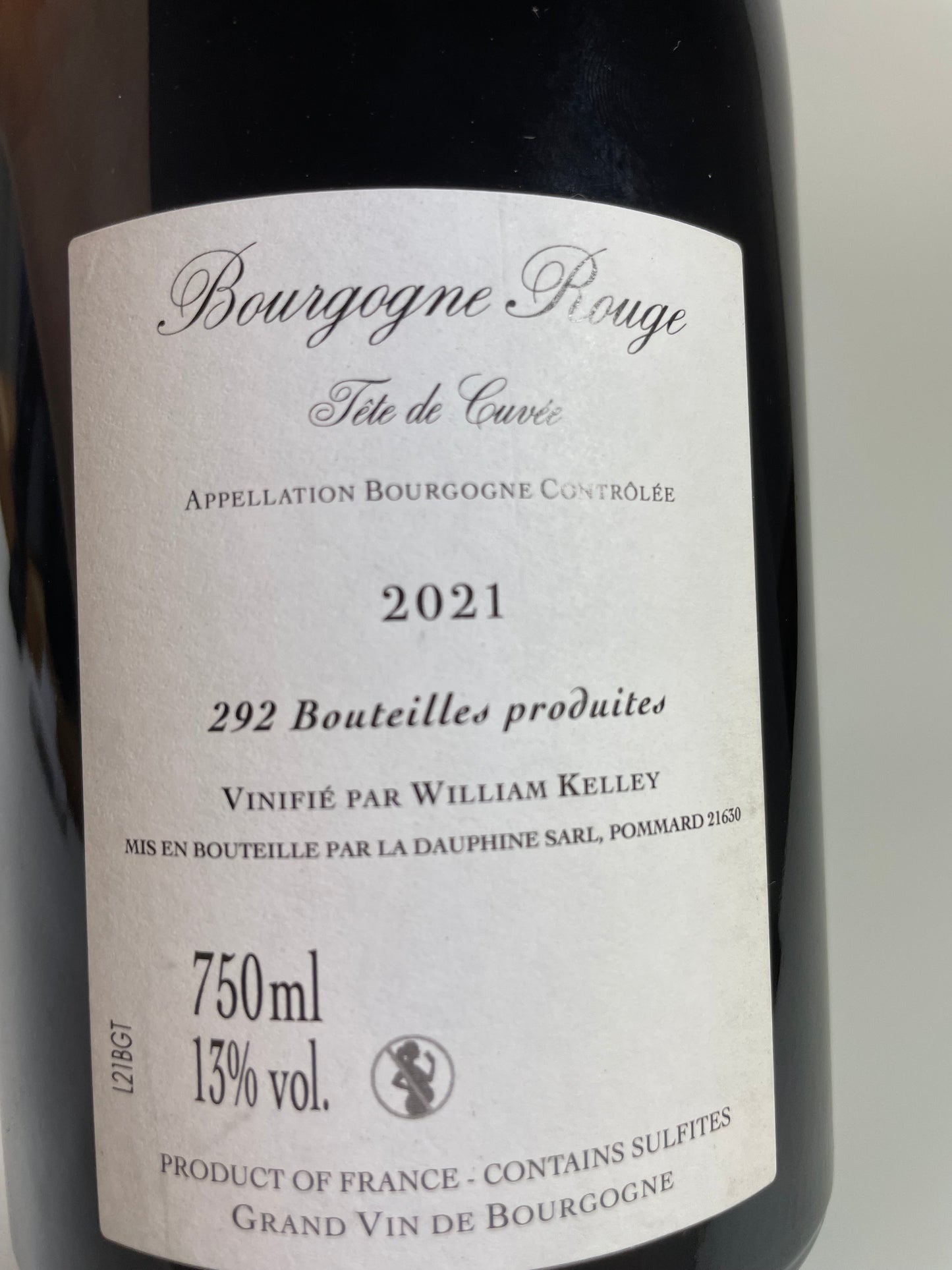 Rücketikett William Kelley Bourgogne Rouge Tete de Cuvee 2021