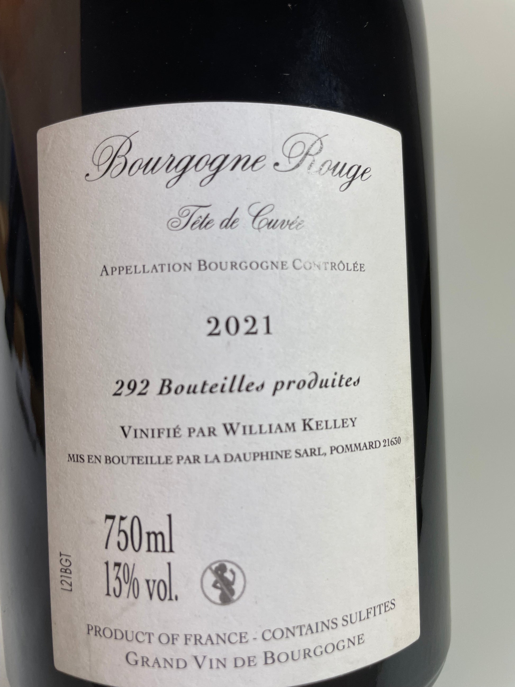 Rücketikett William Kelley Bourgogne Rouge Tete de Cuvee 2021