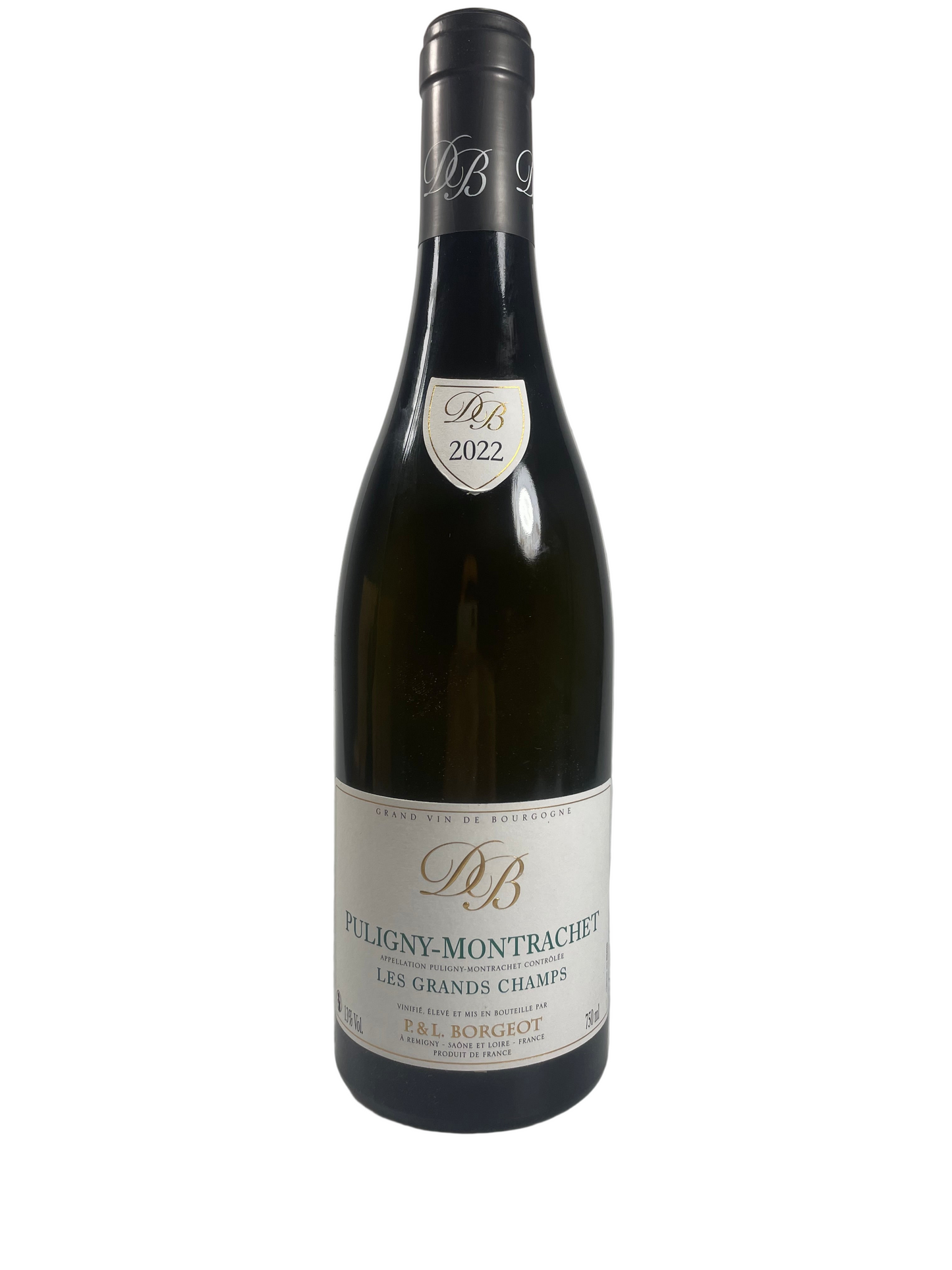 Weinflasche Domaine Borgeot Puligny Montrachet Les Grands Chaps 2022 auf weißem Hintergrund