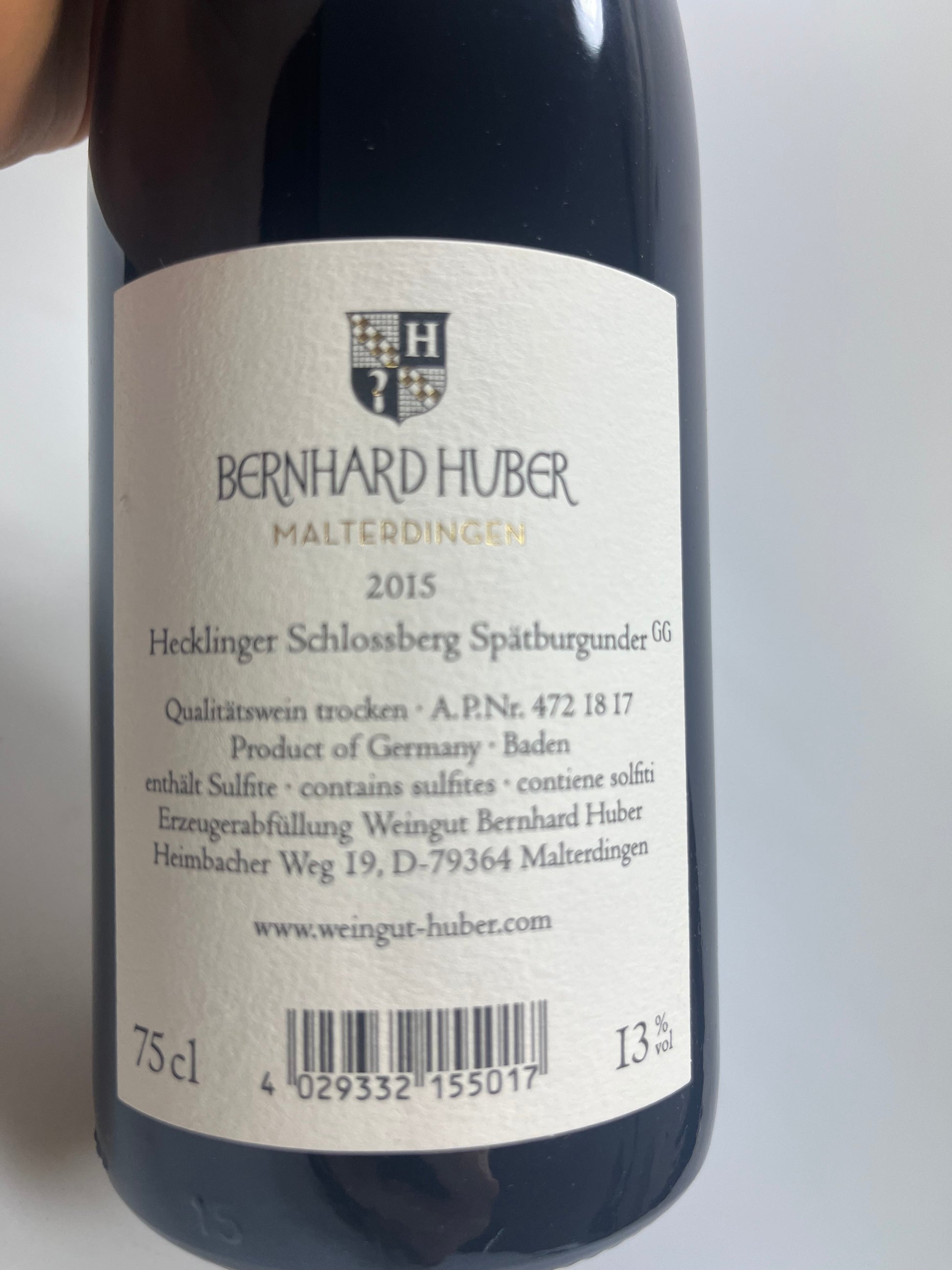 Weinflasche Bernhard Huber Schlossberg Pinot Noir 2015