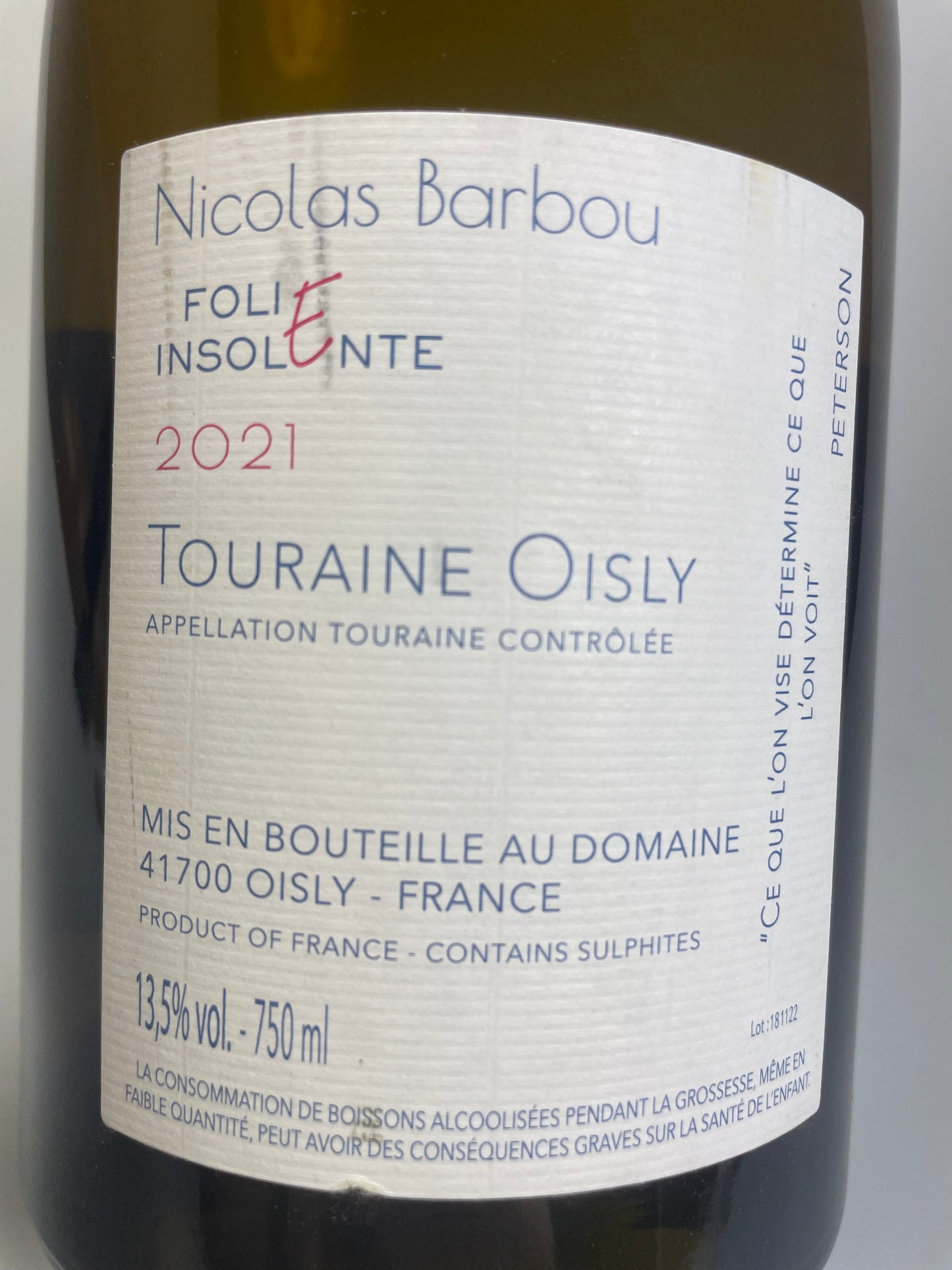 Rücketikett  Nicolas Barbou Folie Insolente 2021