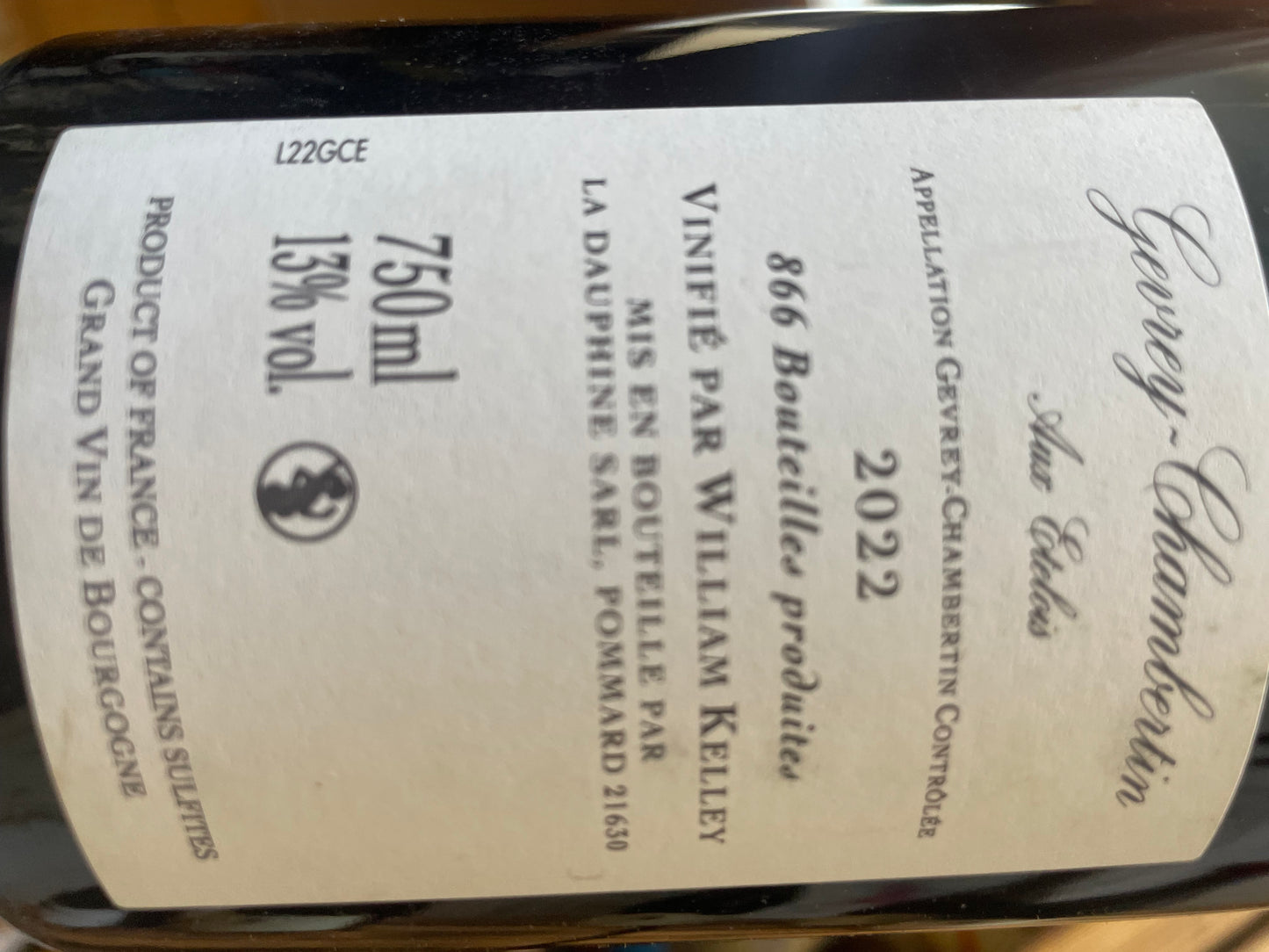 Rücketikett William Kelley Gevrey Chambertin