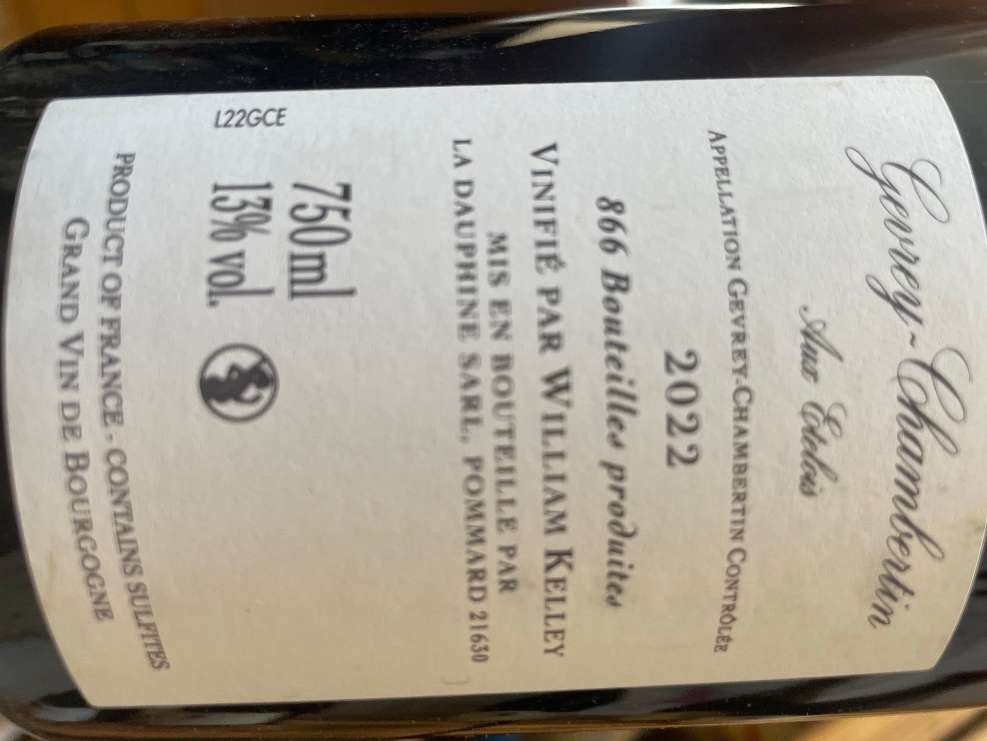 Rücketikett William Kelley Gevrey Chambertin